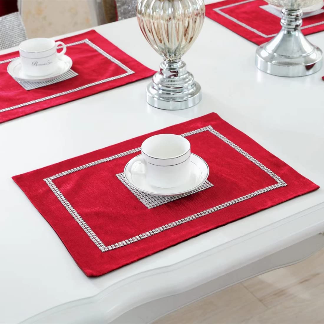 San Tungus Pack of 4, 12x16 Inches Sequined Rhinestone Placemat Elegant Party Glitter Table Mats for Wedding Birthday, Red