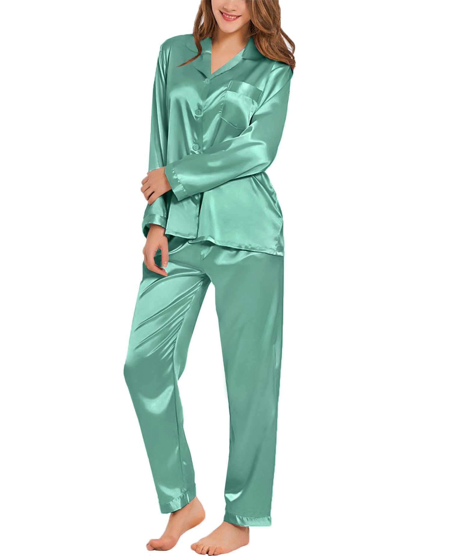 SWOMOGWomens Silk Satin Pajamas Set Two-piece Pj Sets Sleepwear Loungewear Button-Down Pj Sets