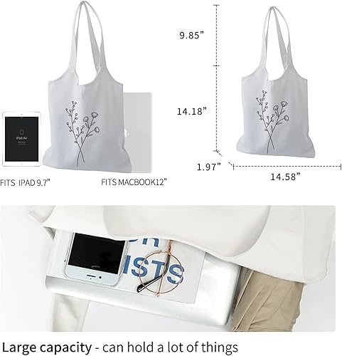 Miniatura 6 de KIEKIECOO Bolsa de lona negra estética personalizable reutilizable para comestibles con línea floral para compras de arte