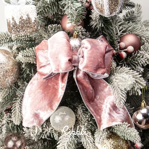 Image of Ribbli Light Pink Velvet Wired Ribbon 4 Inch Metallic Pink Silver Crushed Velvet Christmas Ribbon for Gift Wrapping Christmas Tree Decoration Crafts Wreaths Supplies-Continuous 10 Yards
