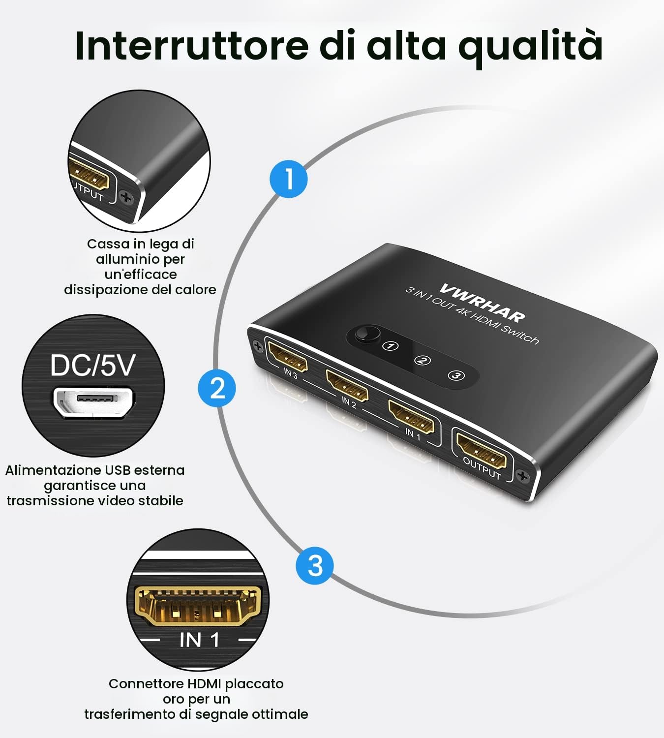 Sdoppiatore HDMI 4K@60Hz HDR 3 In 1 Out Alluminio Switch per TV PC PS5 Xbox
