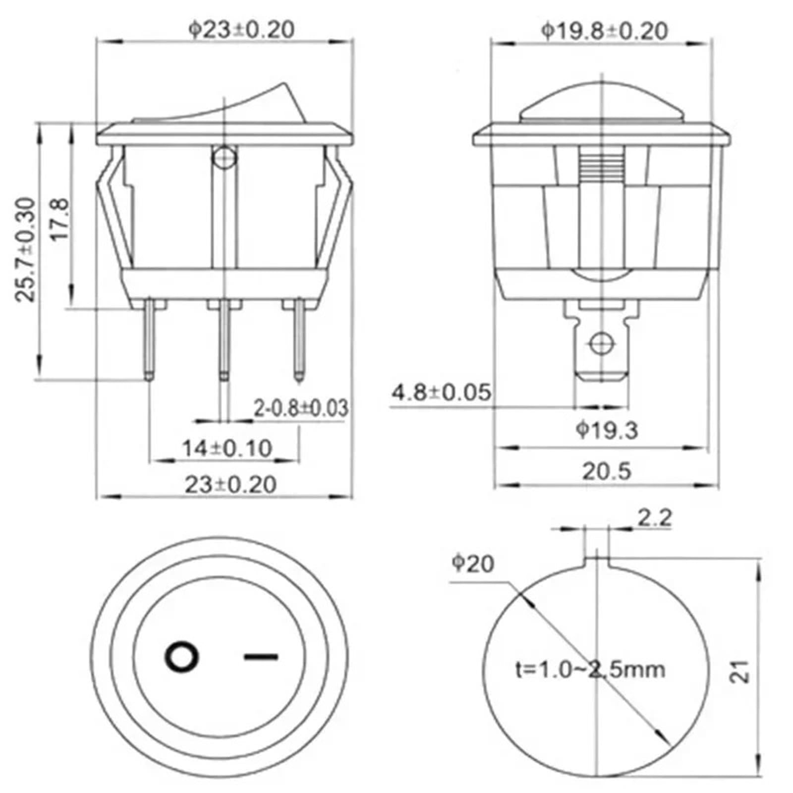 Interruttore a bilanciere a LED da 12 V, 20 A, potenza luminosa on/off, 3 pin, rotondo, 5 pezzi (8,220 V)