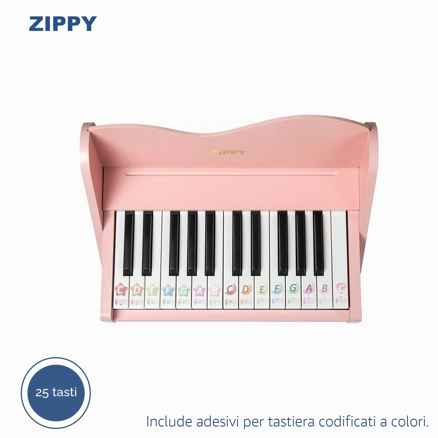 ZIPPY Tastiera Pianoforte per Bambini, 25 tasti digitale, volume regolabile, mini strumento educativo musicale, giocattolo in legno per ragazze e ragazzi. (Rosa)