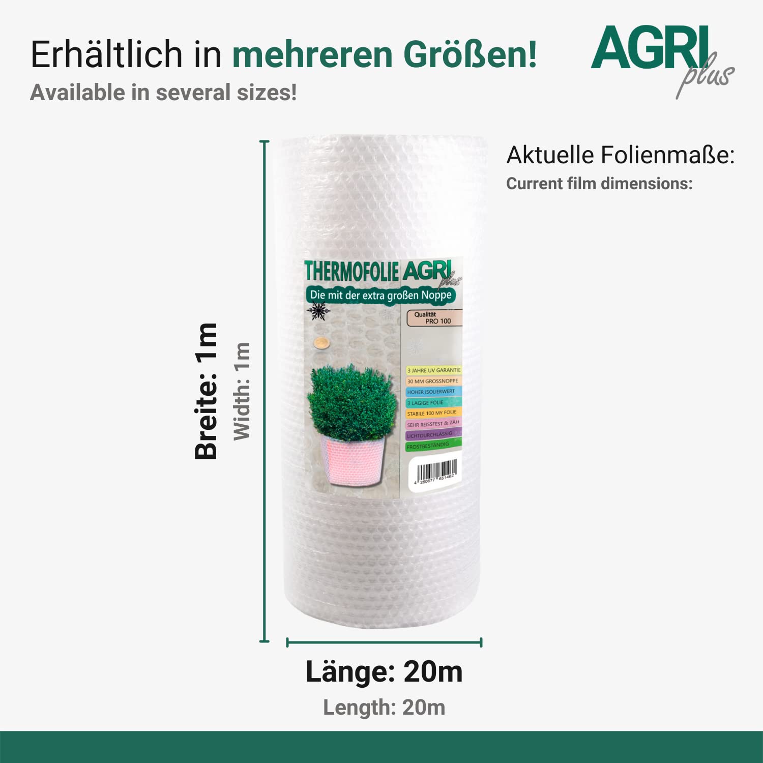 AGRI plus Aislante de plástico de burbujas de 1 x 20 m, lámina arrugada con botones de 30 mm, lámina vegetal para hibernación y protección contra heladas, lámina de tapicería resistente a desgarros