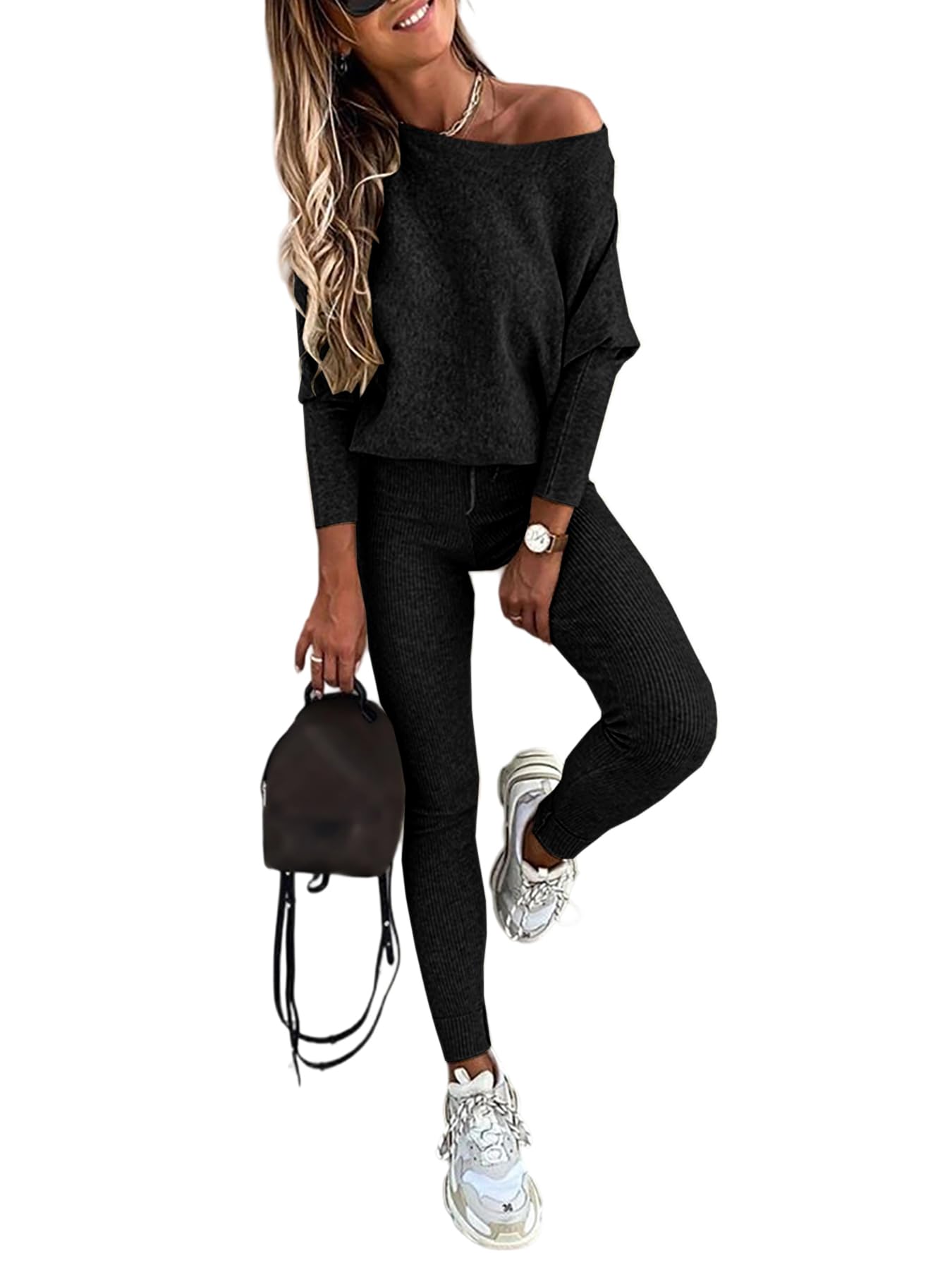 Photo 1 of CHICME 2 Piece Lounge Outfit Long Sleeve Knit Pullover Tops Drawstring Pants Set Tracksuit Sweatsuit-bk-L