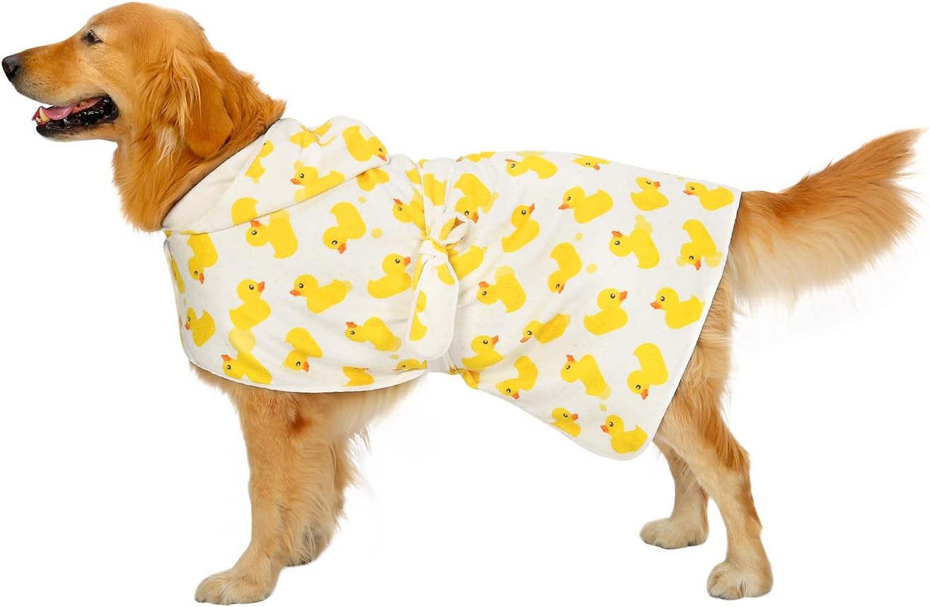 HDE Dog Bathrobe Super Absorbent Quick Drying Puppy Towel Wrap Coat Adjustable After Bath Robes with Hood for Dog Sizes S-XXL White Rubber Ducks L