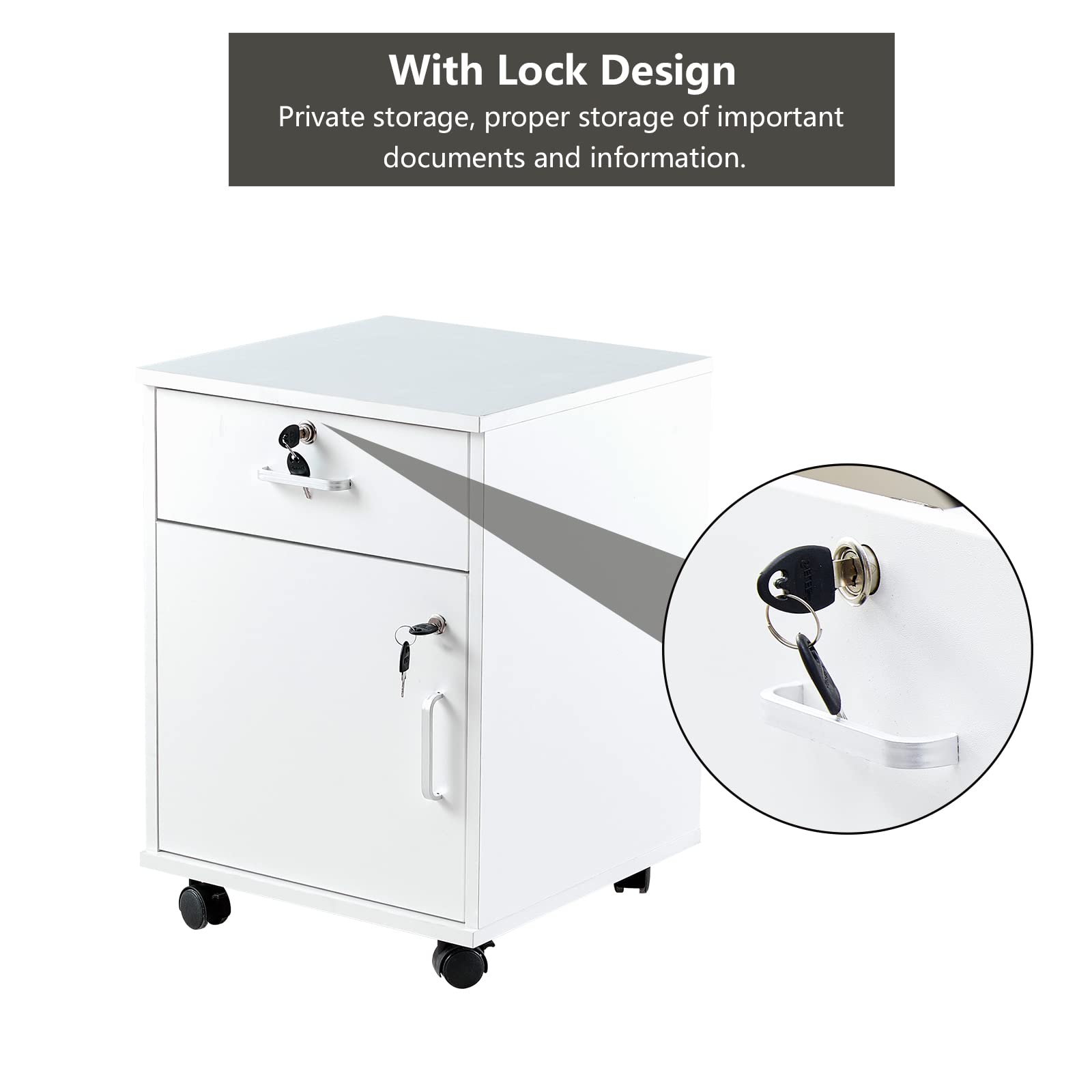 CLIPOP Mobile Wooden Lockable Side Cabinet with 3 Drawers with Open Storage Shelves, 1 Closed Storage and 5 Rolling Wheels, Printer Stand Cabinet for Home or Office, White