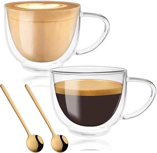Tazas de café de vidrio de doble pared, tazas de espresso, vasos para beber café y té, tazas de vidrio aisladas con mango grande, tazas
