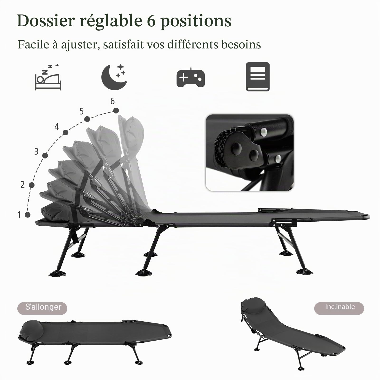 KOMFOTTEU Lit de Camping Pliant, Dossier 6 Positions, Matelas Amovible