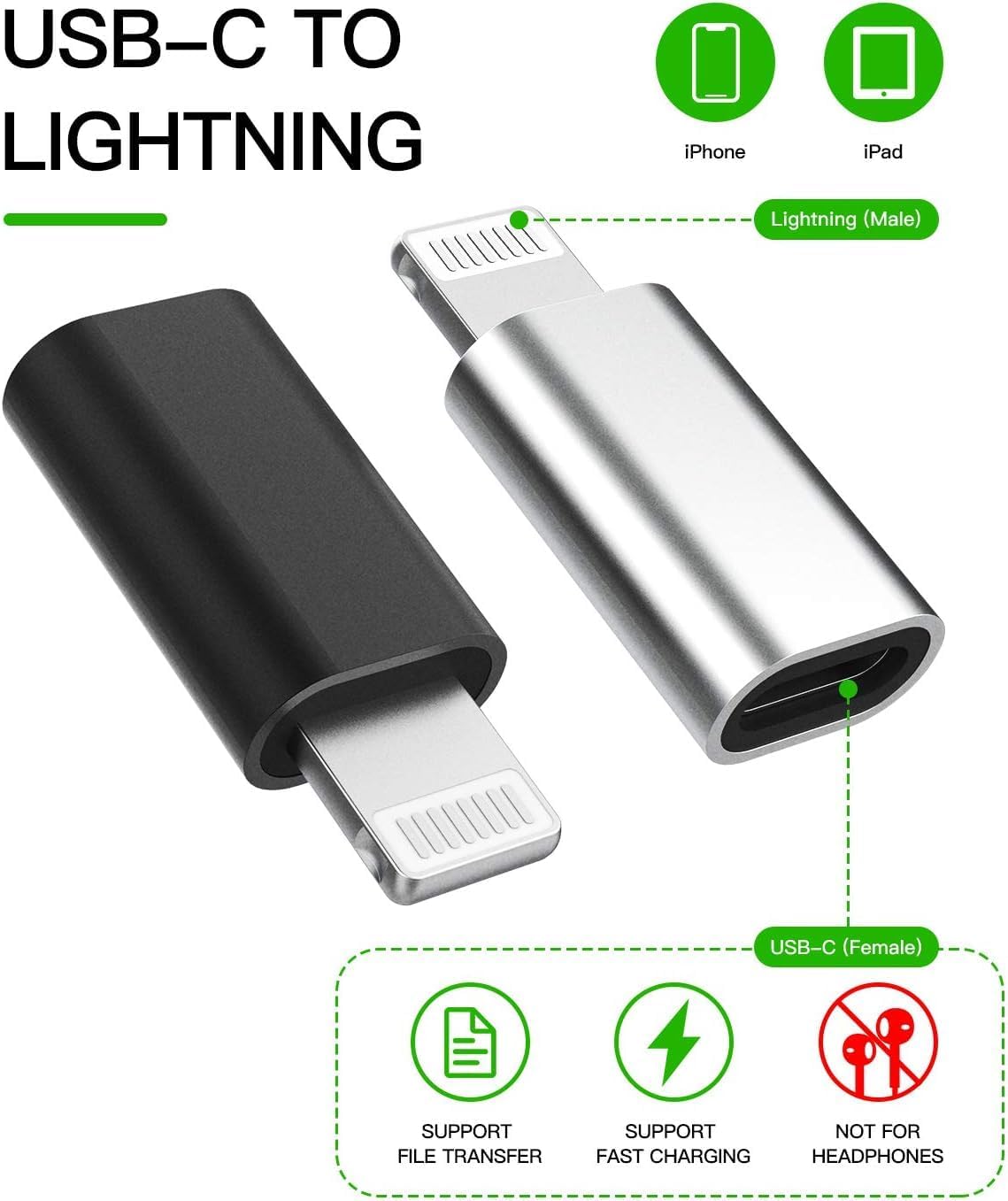 2 USB-C to Lightning Adapters for Fast Charging - Connect Type C Cables to Your Devices