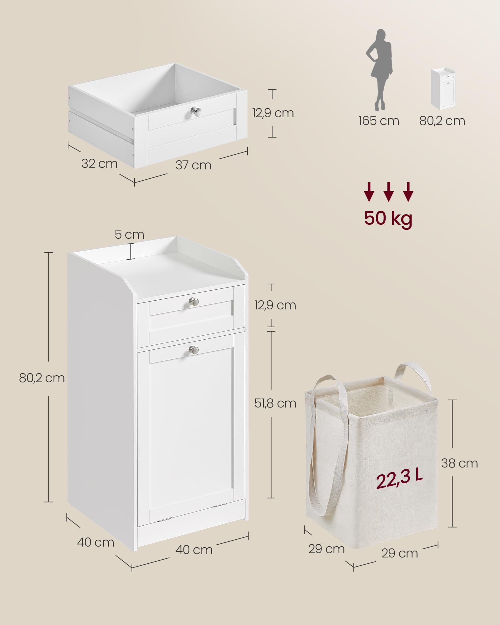 VASAGLE Szafka łazienkowa, kosz na pranie, szafka do przechowywania, ze zdejmowaną torbą wewnętrzną z uchwytami, 1 szufladą i 1 koszem na pranie, 40 x 40 x 80,2 cm, biała chmura BBC741W01