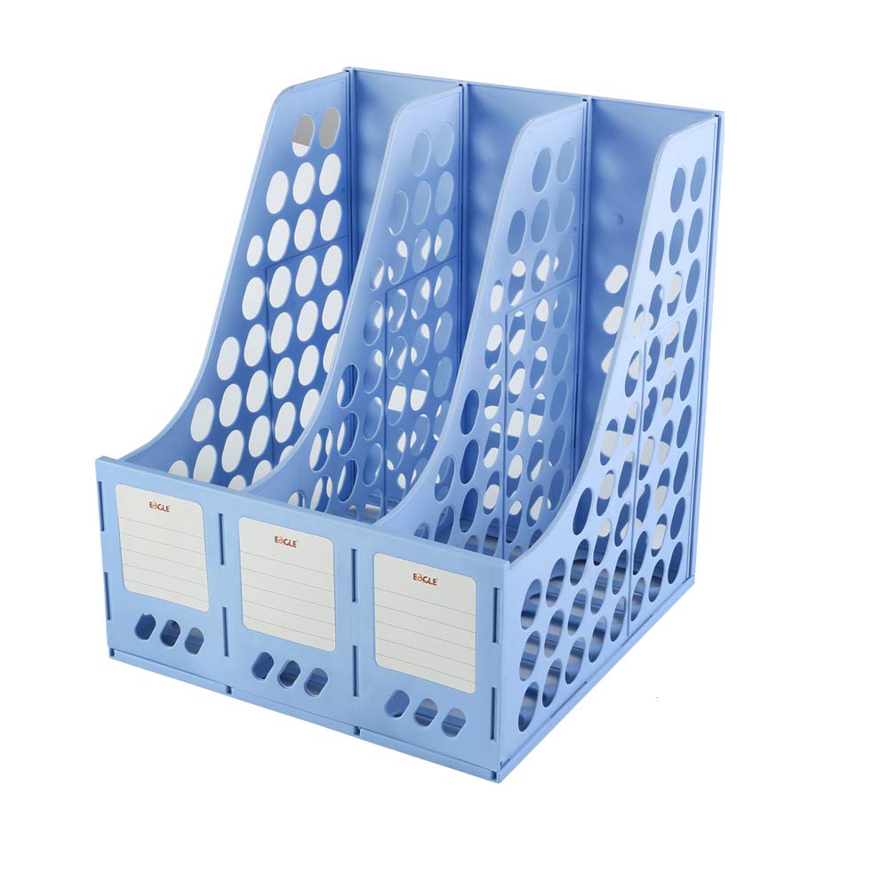 Eagle Magazine File Book Holder, Desktop Document Divider Organizer, 3-Compartment, Plastic (Blue)