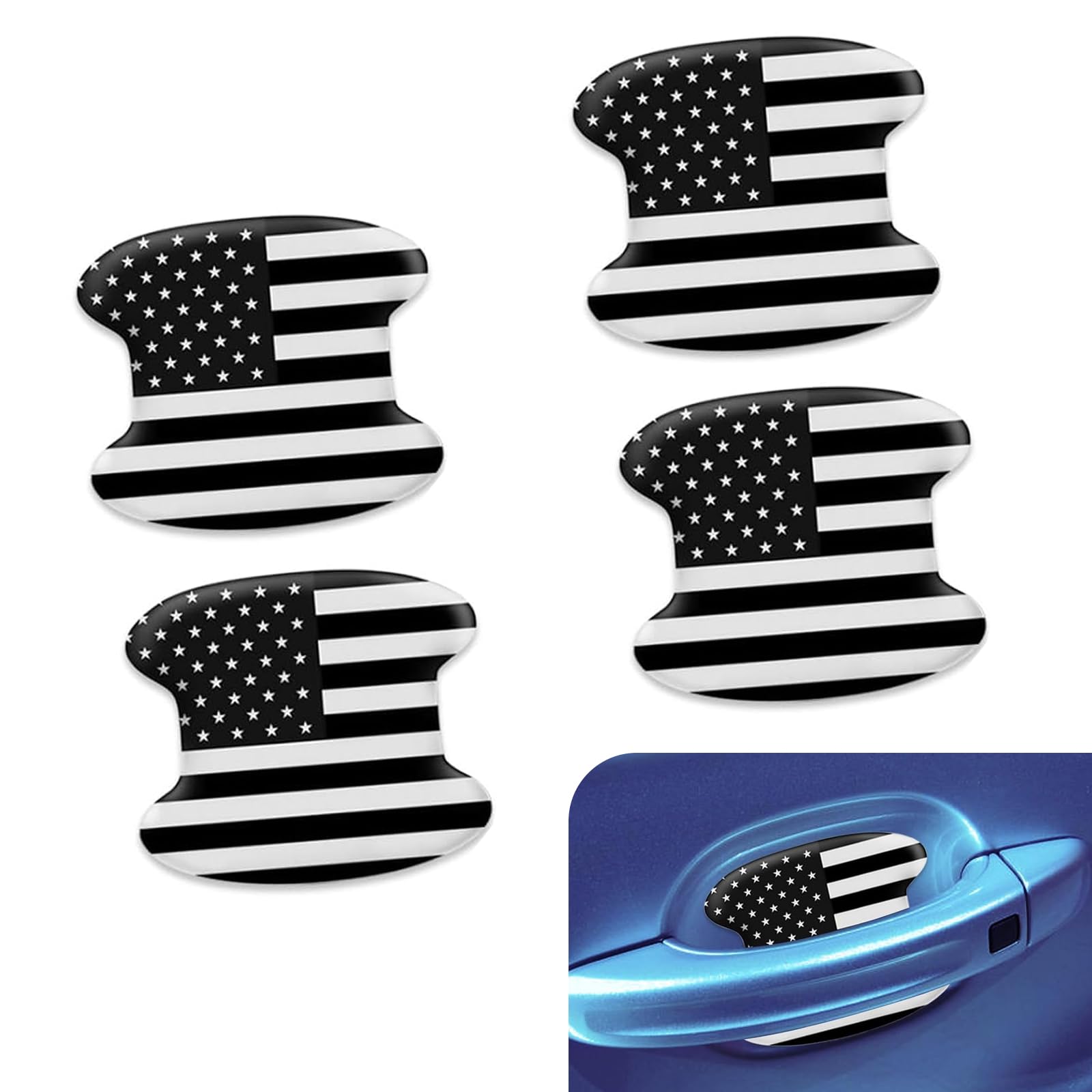 4 Pack Car Door Handle Protector, American Flag Design, 3.34In x 3.74In Vehicle Exterior Handle Stickers, Universal Anti-scratches Automotive Side Door Decoration for Car Truck SUV (Black)