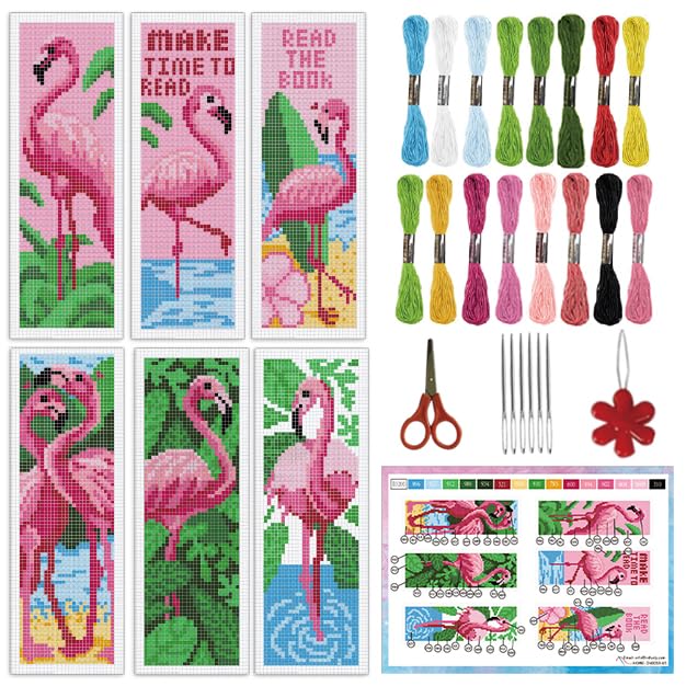Image of INFUNLY 6PCS Flamingo Cross Stitch Bookmarks Kit Pink Handmade Cross Stitch Bookmarks Make Time to Read DIY Cross Stitch Bookmark Set with Backing Felt Floss Instruction for Adult Book Lovers