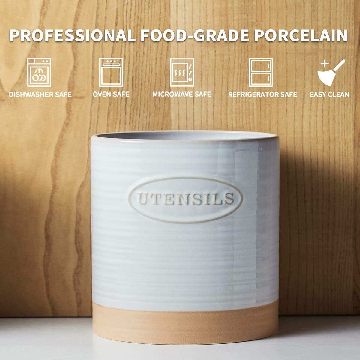 Porcelain Utensil Crock for Kitchen Countertop Large Oval Utensil Holder Two-tone Finish Rustic Utensil Vase : Home & Kitchen