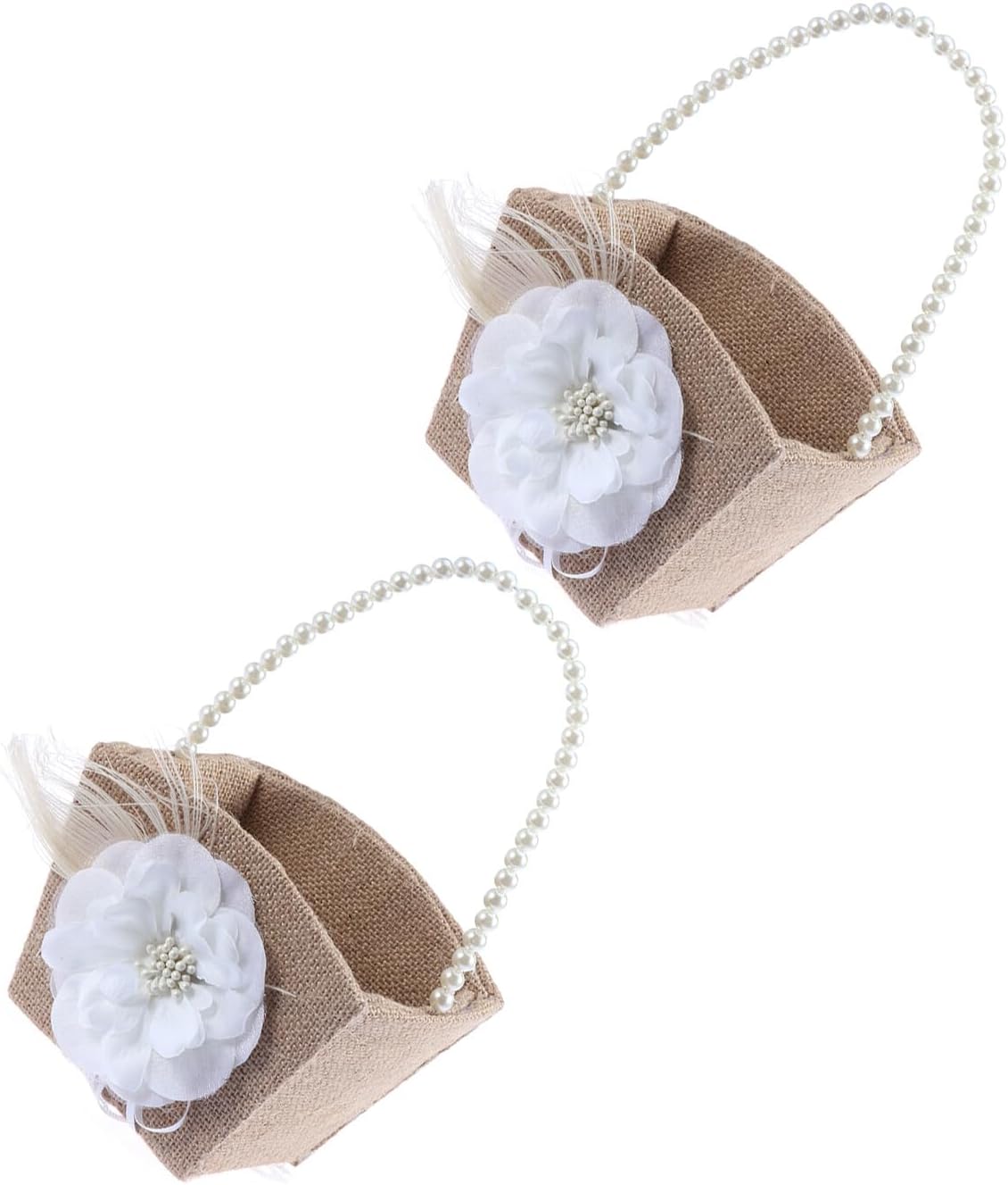 Zerodeko Rustic Wedding Flower Girl Basket 2pcs Set with Pearl Handle Small Burlap Handheld Baskets for Ceremony and Western Party Flower Petal Holder