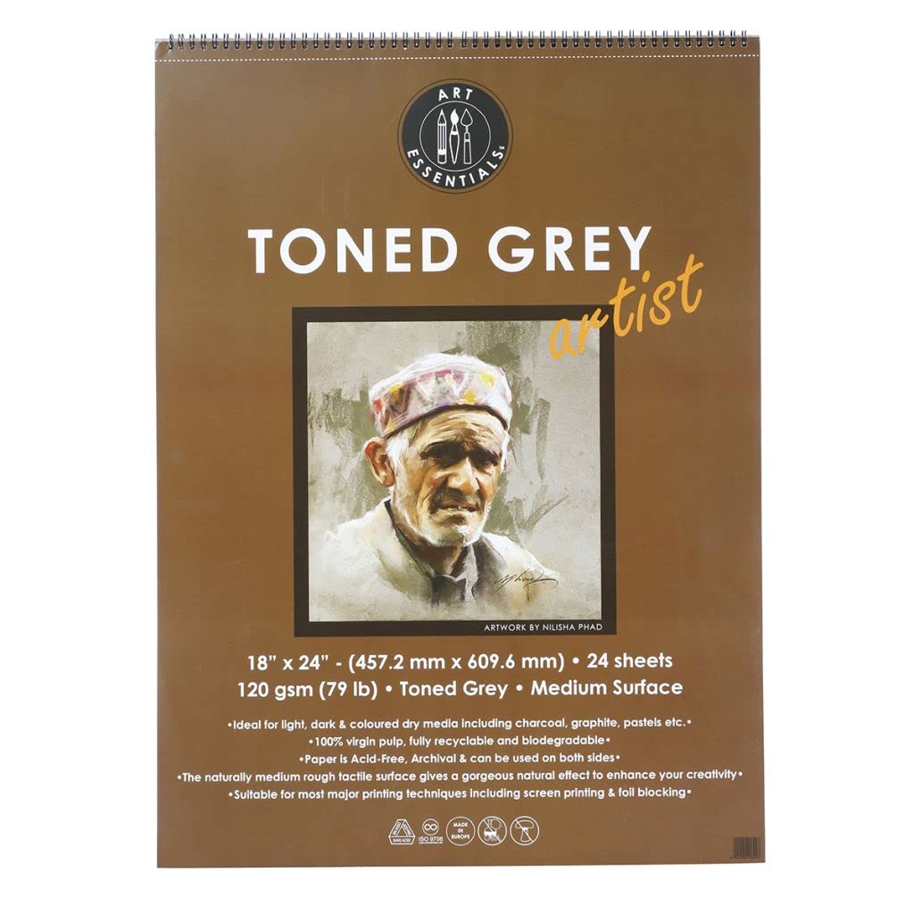 Art Essentials Toned Sketch Artist 18 x 24 inch Cool Grey Medium Surface 120 GSM, Perforated Wiro of 24 Sheets, Acid Free Paper for Drawing & Sketch with Graphite, Charcoal, Pastel, Light & Dark Media (B09DT93SX4) Amazon Price History, Amazon Price Tracker