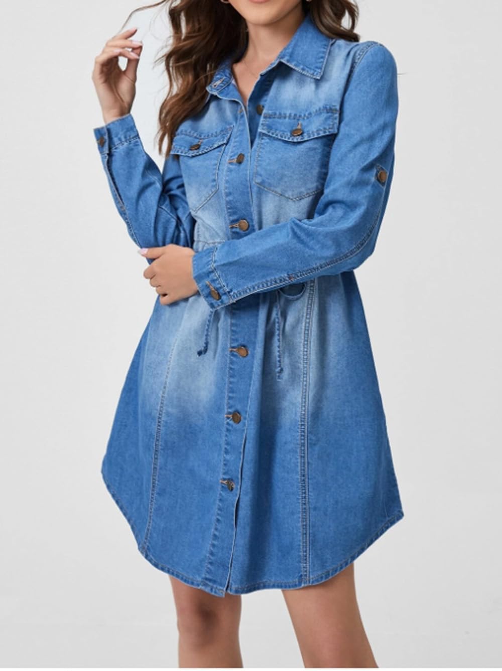 Denim Dress for Women Button Down Casual Long Sleeve A-Line Belted Midi Jean Dresses with Pockets - Image 2