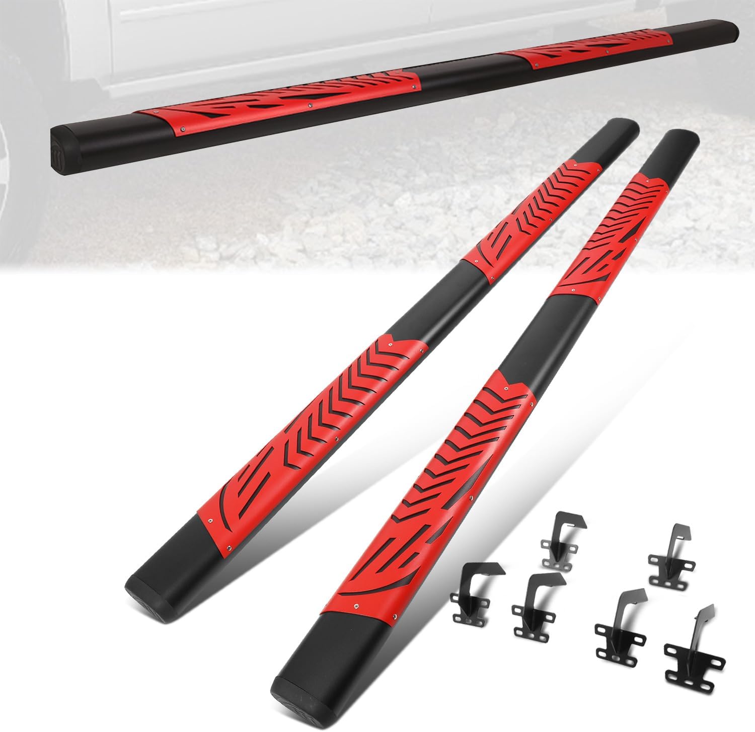 5.5 in. Wide Black/Red Stainless Steel Oval Side Step Nerf Bar Compatible with 19-22 Ram 1500 Quad Cab New Body CAAP-STEPS-8196BKRD-ZTL