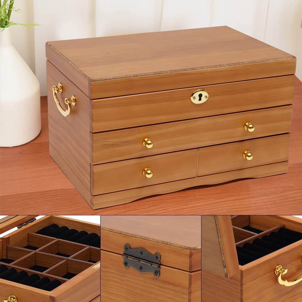 Joyero de madera maciza MDF, 3 niveles con espejo, cerradura de metal, diseño clásico, organizador de joyas para relojes, ideal para decoraciones navideñas