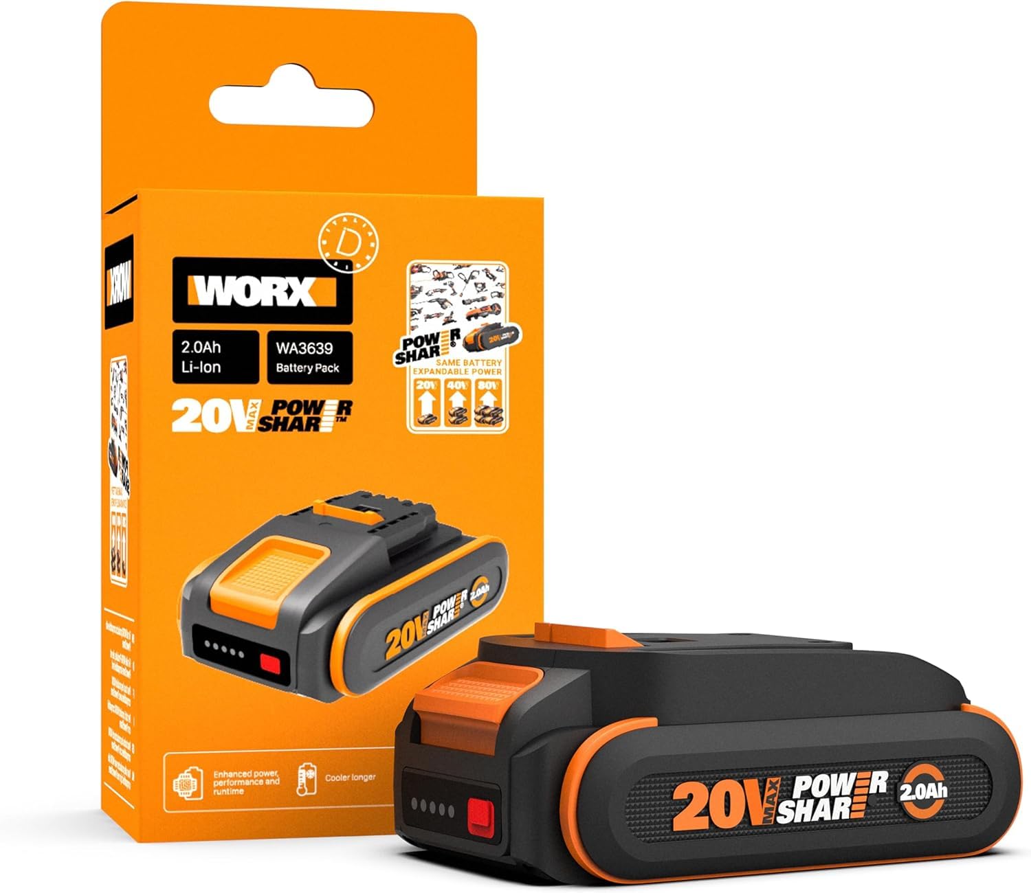 WORX WA3639 Batteria agli ioni di litio PowerShare 20V 2.0Ah con indicatore di carica e protezione da sovraccarico