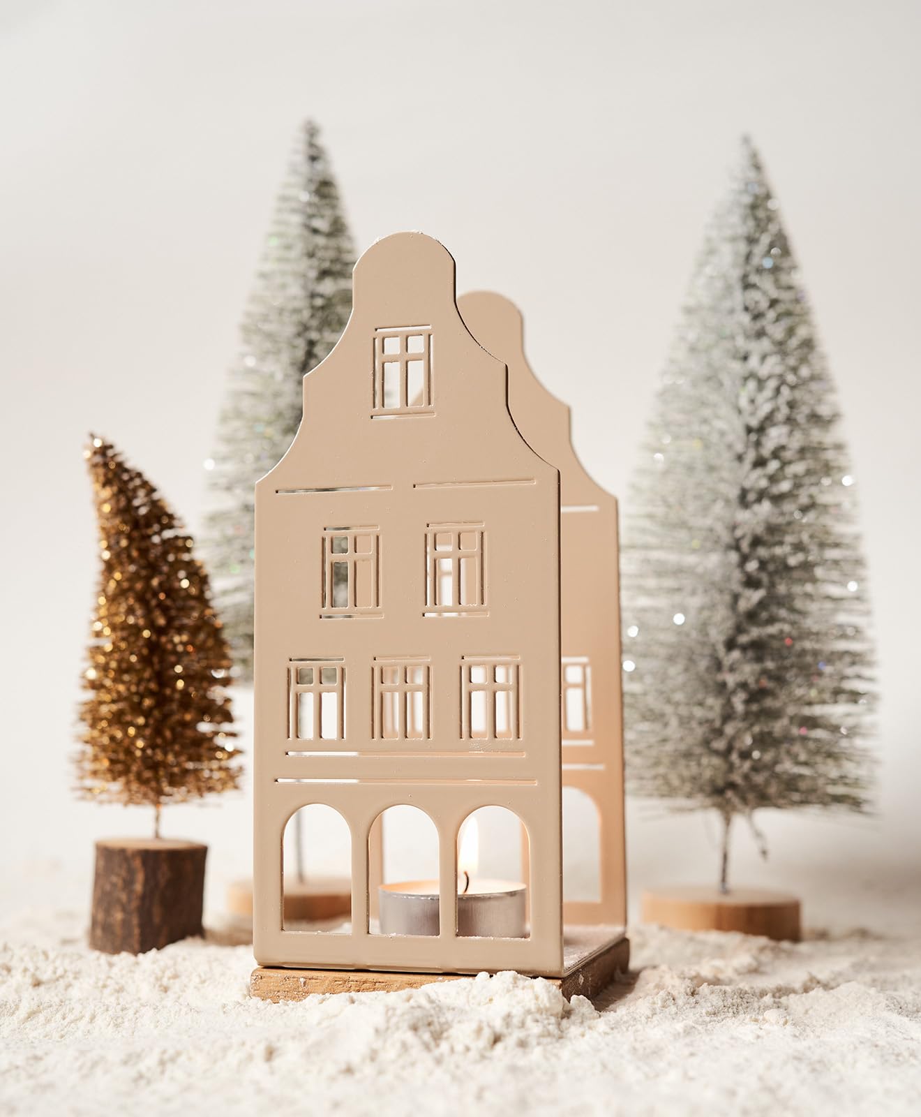Windlicht Metall & Holz Nobelstrehle Nr. 1 - Teelichthalter Haus-Motiv - Laterne - Kerzenständer - Kerzenhalter - Deko Windlichter - Tischdeko (RAL 9010 Reinweiß)