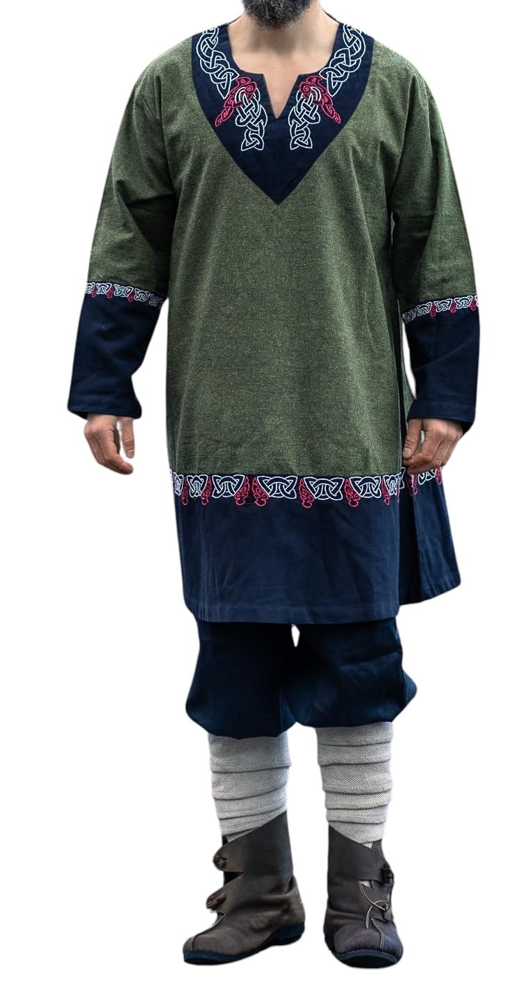 Leonardo Carbone® Freydis Unisex Tunic, Hand Embroidery, V-Neck, Carnival, Halloween, Cosplay, LARP, Medieval, Viking, Costume, Robe, 100% Cotton, olive, XXL/3XL