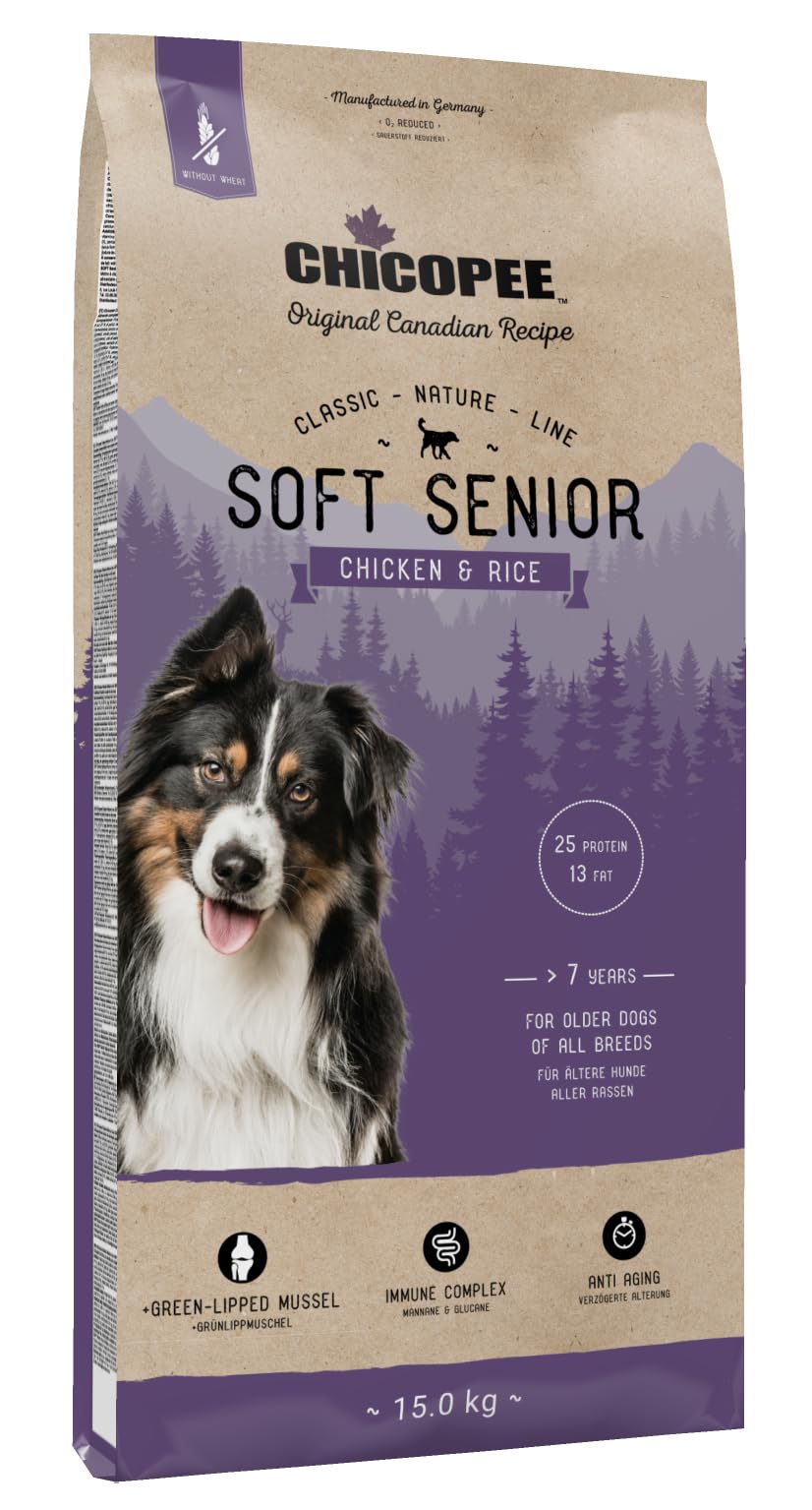 Chicopee Classic Nature Line | Soft Senior | Hundefutter halbfeucht | Mit Huhn & Reis | Weizenfrei & Soft-Krokette | Bedarfsgerechtes Life-Cycle-Konzept | Inspiriert von der Natur Kanadas | 15 kg