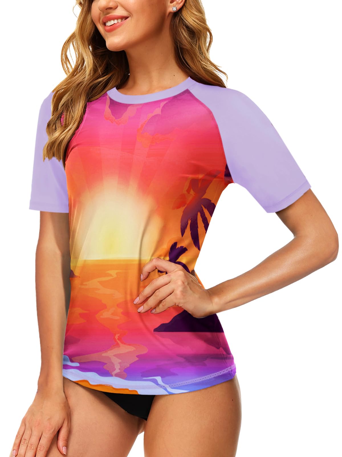aobute Women Short Sleeve Rash Guard UPF 50+ Tropical Sun Protection Floral Swim Shirts-picture-21