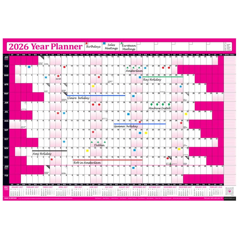 PlannerHead 2026 Wall Planner Pink | Yearly Calendar 2026 for Students, Families, Businesses, Offices | UK & Ireland Bank Holidays | Unmounted & Unlaminated (Pink, Medium 35cm x 49cm - Rolled)
