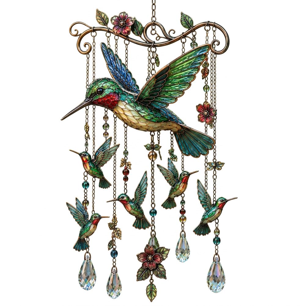 Introti Hummingbird Metal Wind Chimes Outdoor, Hanging Bird Windchime for Garden Porch Balcony, Stained Glass Wind Catcher Ornament Gift for Mum Grandma Women