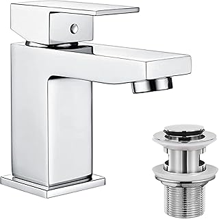 Basin Taps Square with Pop up Waste Bathroom Sink Mixer Taps with UK Standard Hoses, Single Lever Hot and Cold Basin Mixer Tap for Bathrooms