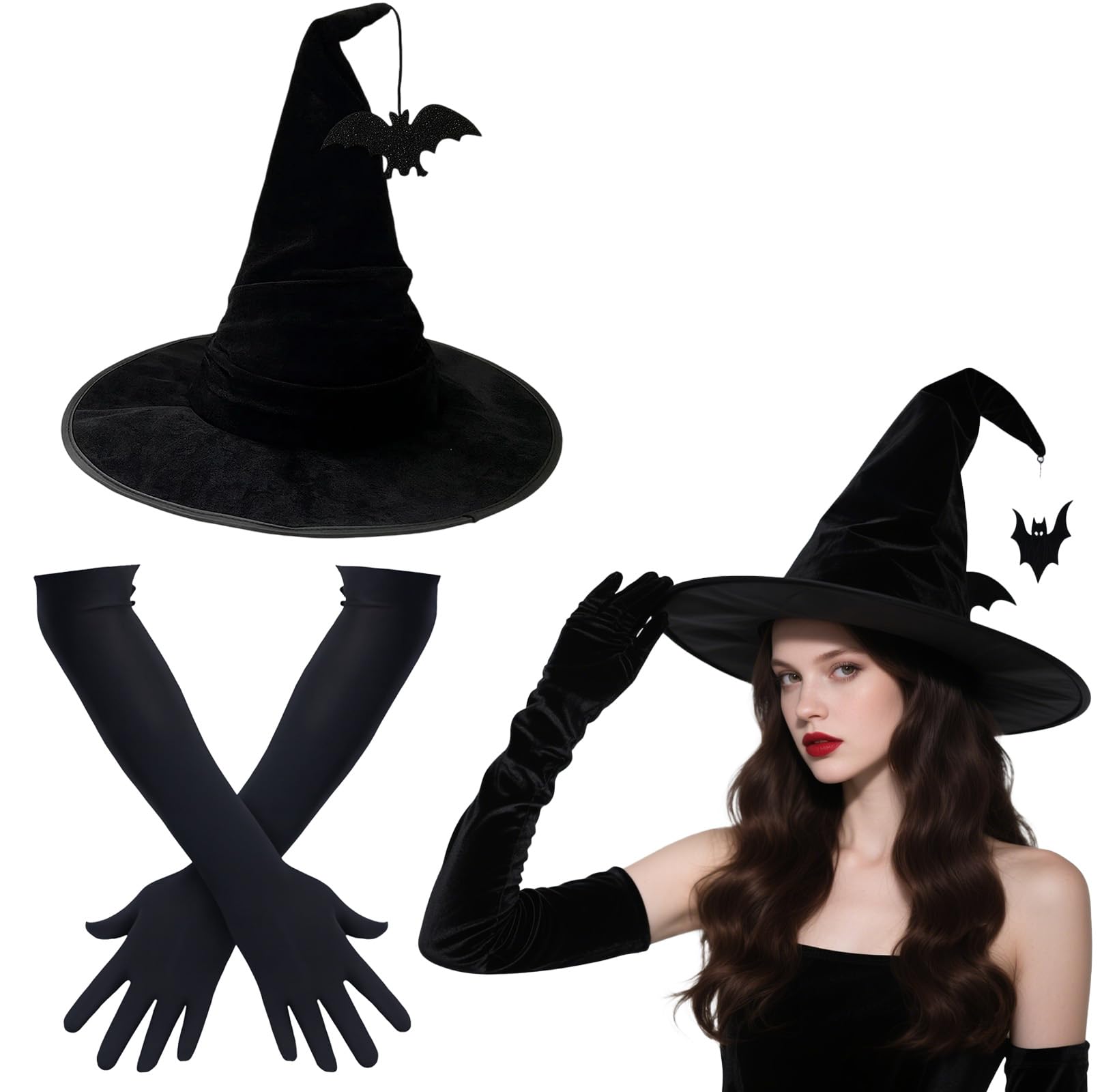 YTPAFK Witches Hat, 2-Piece Witch Costume Set with Black Gloves and Crushed Velvet Hat Featuring Bat Charm, Witch Costume Adult for Halloween Parties, Cosplay Events, and Theatrical Performances