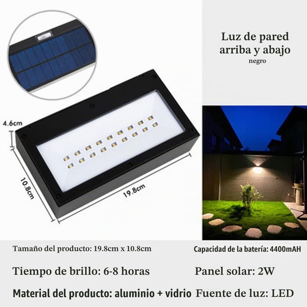 Luces de pared solares hacia arriba y hacia abajo Luz de porche exterior negro mate Aplique de pared impermeable IP65 con luces LED blancas cálidas para jardín, patio, garaje, puerta principal