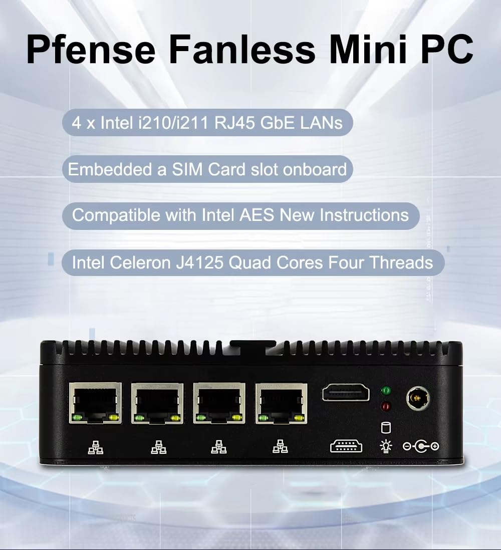 Industrial Firewall Mini PC Celeron J4125 Lüfterloser Router Computer, 4 x Gigabit Ethernet LAN, VPN Network Security Appliance, mSATA SSD, RS232 COM, HDMI, USB 3.0, Linux Win pf2.7