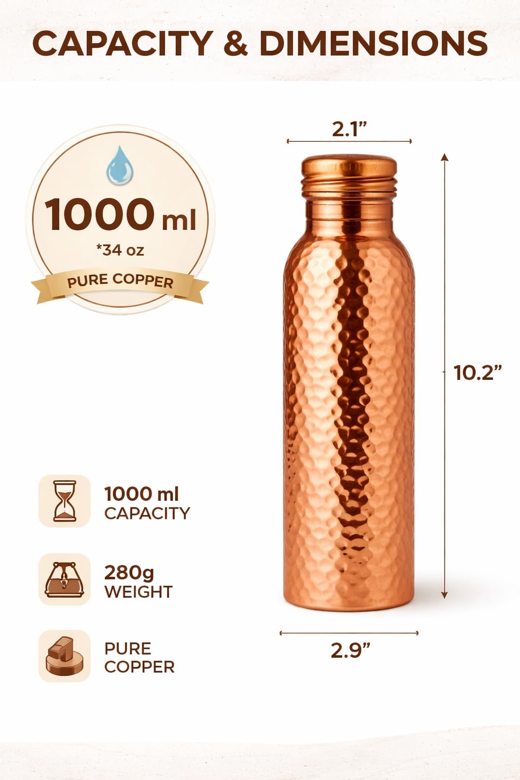 Zestaw butelek na wodę z czystej miedzi, pojemność 1000 ml (młotkowany)