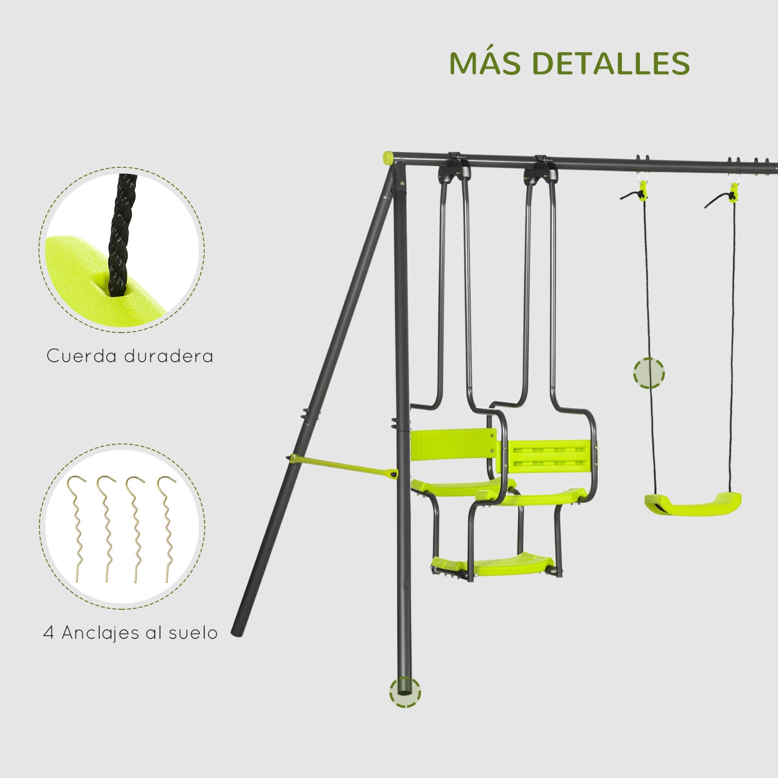 Outsunny Juego de Columpio Infantil Exterior 355x184x186 cm Verde | 2 Columpios, Asientos Abatibles, Balancín, Marco de Acero, para Niños de 3-8 Años, Parque Infantil Exterior