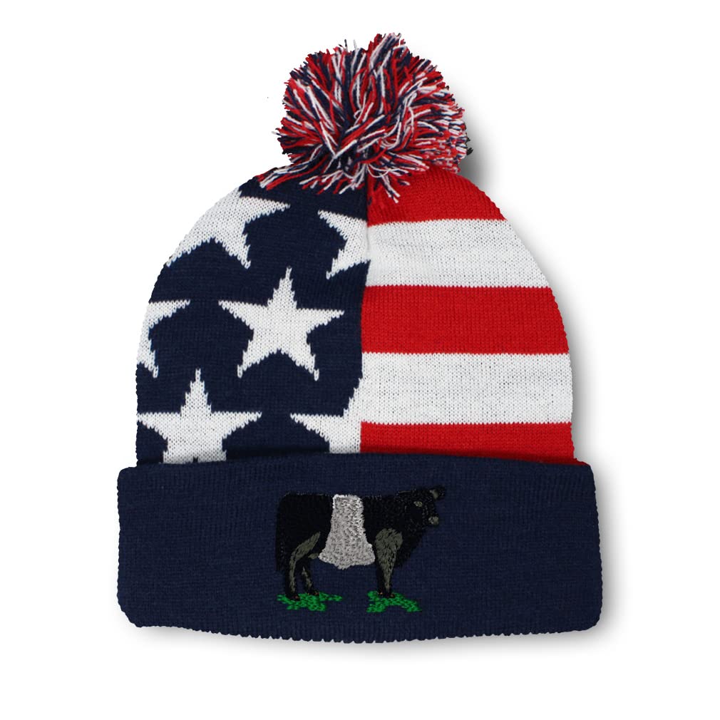 Pom Pom Beanies for Women Belted Galloway Embroidery Skull Cap Farm and Domesticated Animals Winter Hats for Men Acrylic 1 Size American Flag Design Only