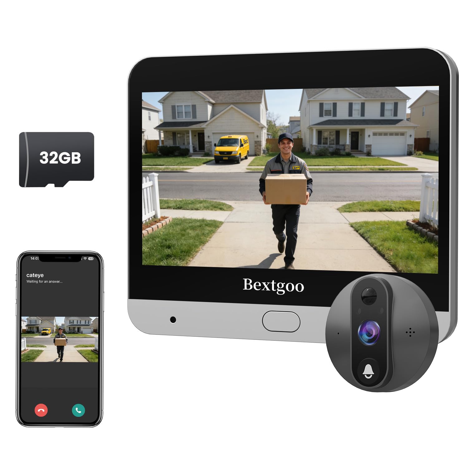 Bextgoo Türspion Kamera WLAN, Digitaler Türspion mit Türklingel, 32GB Karte | 2K, 4,3 Zoll Farbbildschirm, 8000mAh Akku, 170° Weitwinkel, KI-Erkennung, App-Alarm, 2-Wege-Videoanruf, für Wohnung Haus