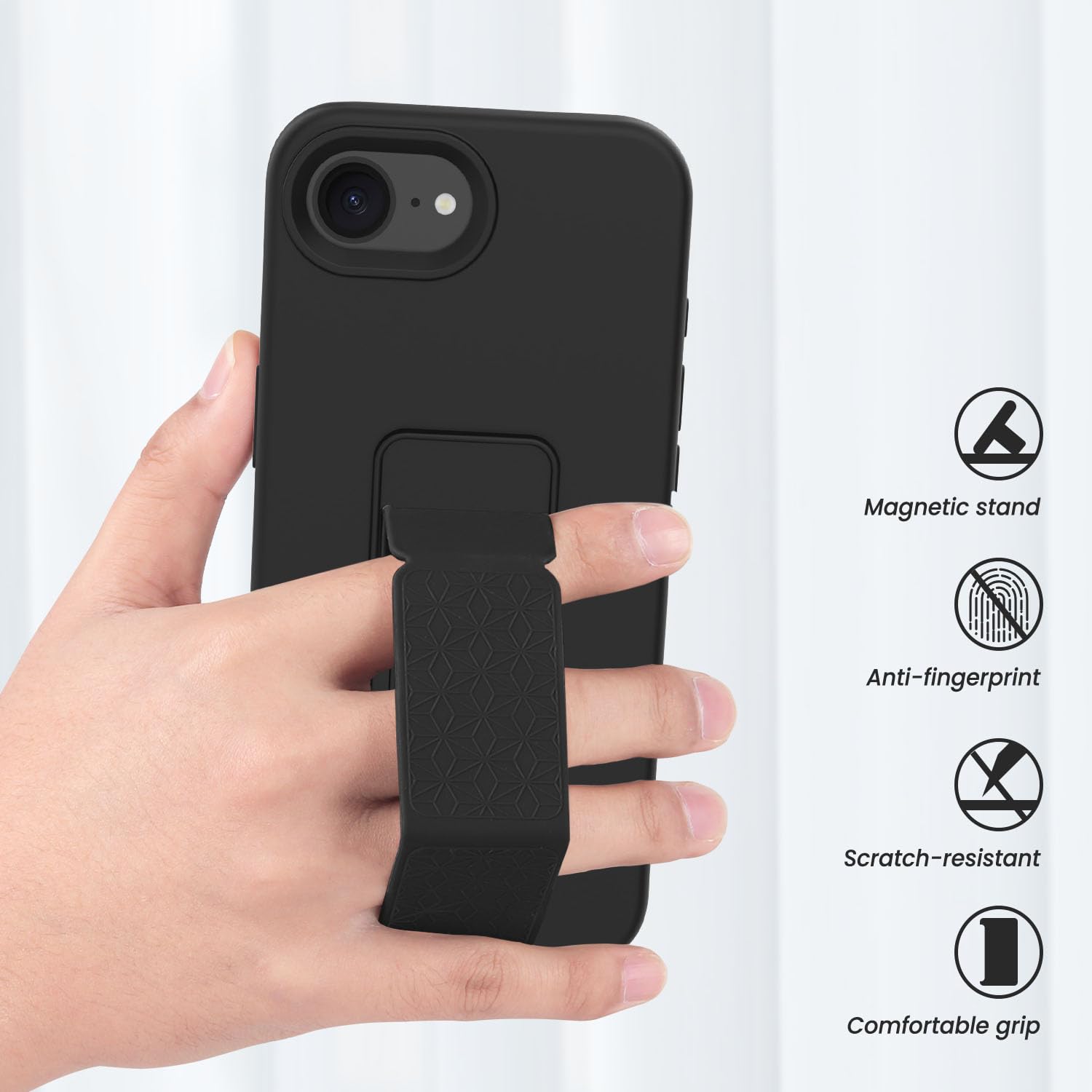 LAUDTEC - Funda de silicona compatible con iPhone 16E, soporte vertical y horizontal, correa de mano de metal, funda flexible de silicona líquida suave para iPhone 16E (negro)