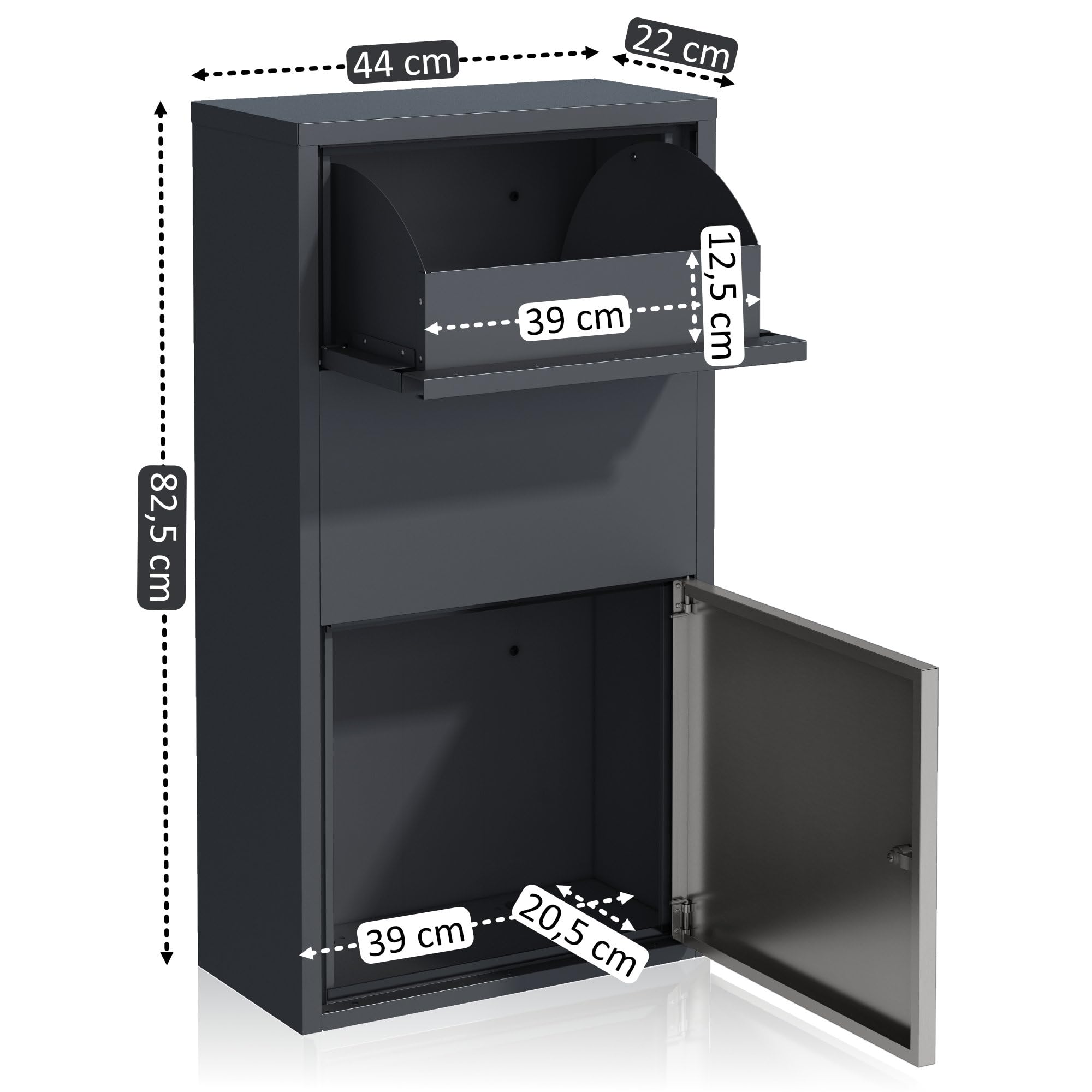Zelsius Briefkasten mit Paketfach | Edelstahl, Anthrazit RAL 7016 | pulverbeschichteter Stahl | integrierte Rückholsperre | Wandmontage, Bodenmontage | Paketbriefkasten, Paketbox, Parcel Box