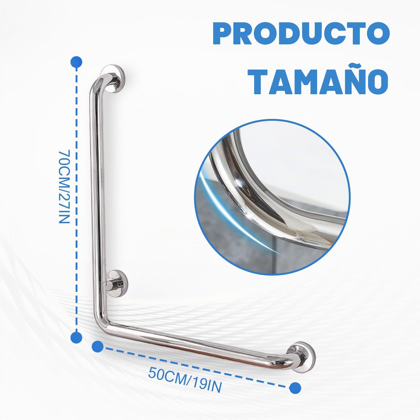 Mango de seguridad para baño, acero inoxidable pulido, 70 x 50 cm, mango en forma de L, para duchas, ángulo vertical, rieles de seguridad antideslizantes, para mujeres embarazadas, personas mayores y