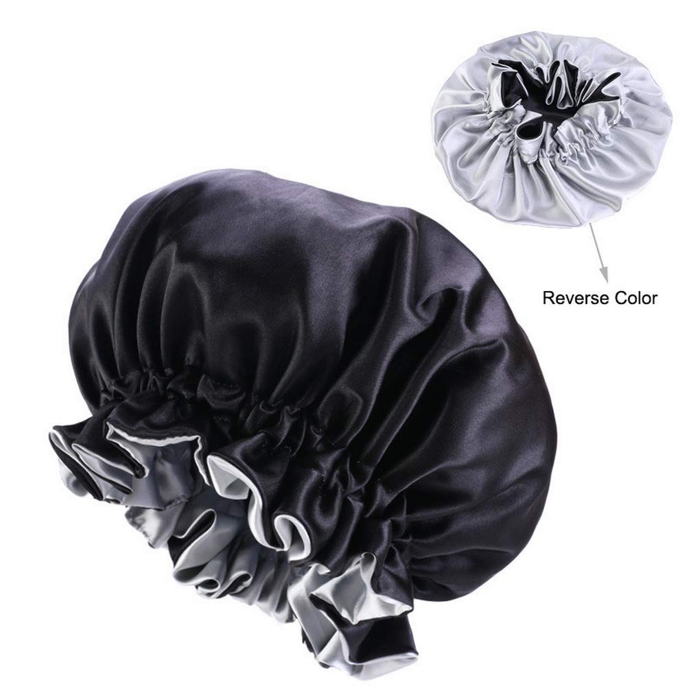 JK Home Women Bonnet Double Layered Adjustable Sleep Cap Reversible Night Sleeping Hat Hair Turban Black - Image 3