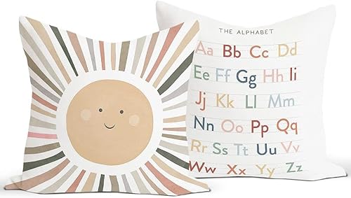 Rusenbao Fundas de almohada para aula, diseño de rincón de lectura para niños, letras del alfabeto de sonrisa neutra para dormitorio, niños,