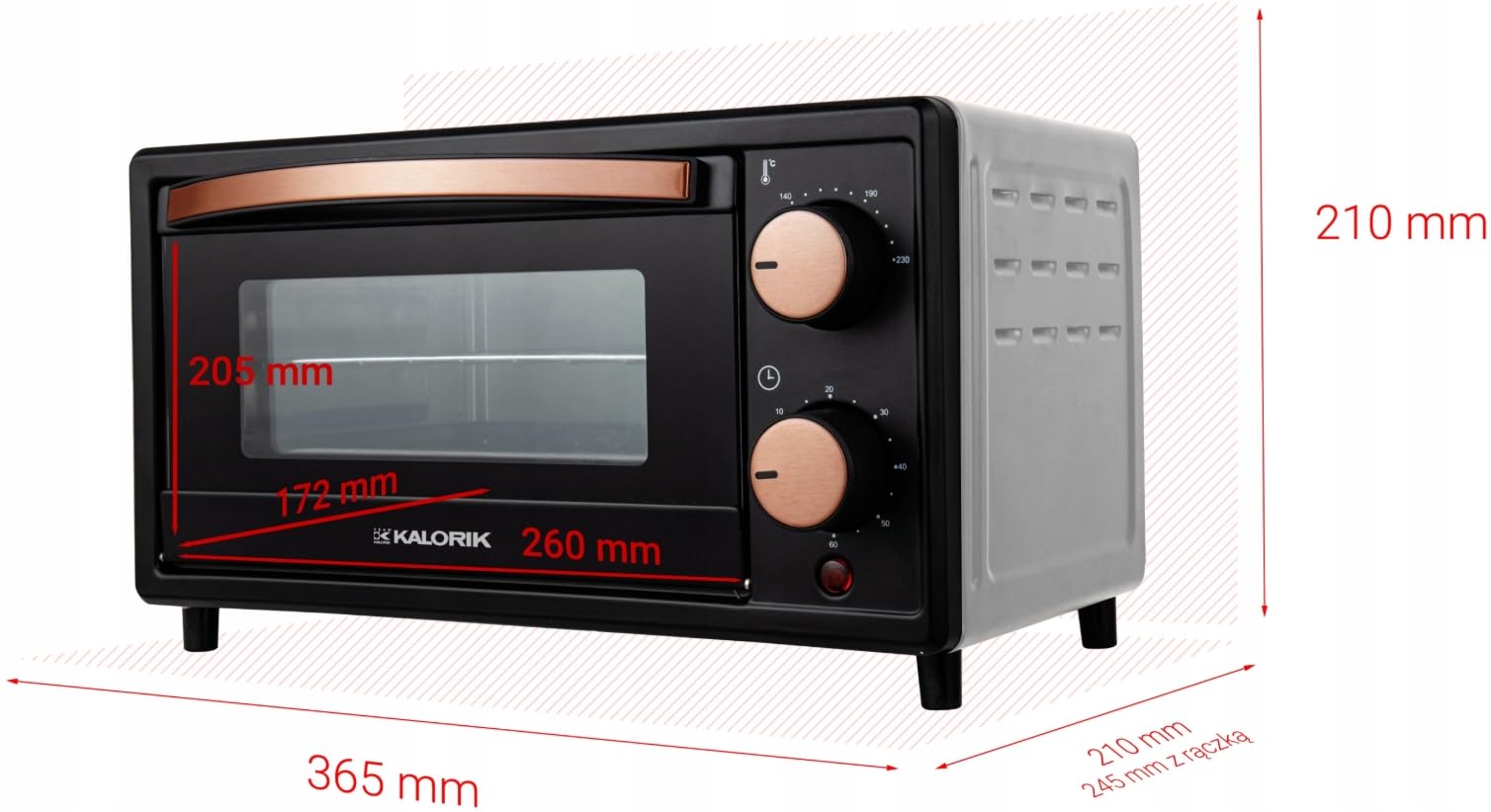 KALORIK Mini-Backofen OT2015CO, 10L Kapazität, Schwarz mit Kupferakzenten, 800W, Energiesparend mit Quarzheizung, Timer bis 60 Min, Doppelverglast, Backblech und Grillrost