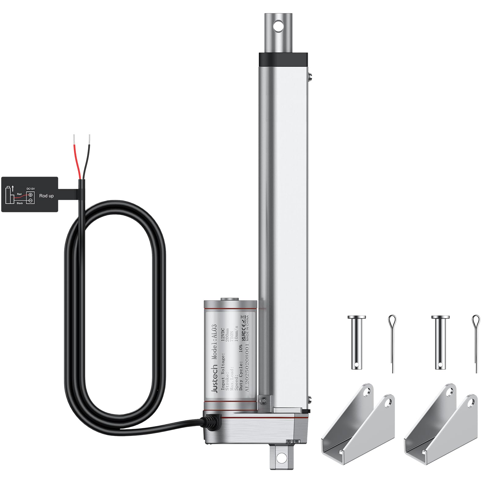 Justech 12V Linear Actuator 160LBS/750N-8inch/200mm 10mm/s Linear Motion Actuator with IP54 Waterproof & Mounting Brackets for Electric Door Window Bed RV Industrial Machinery Vessels Solar Tracker