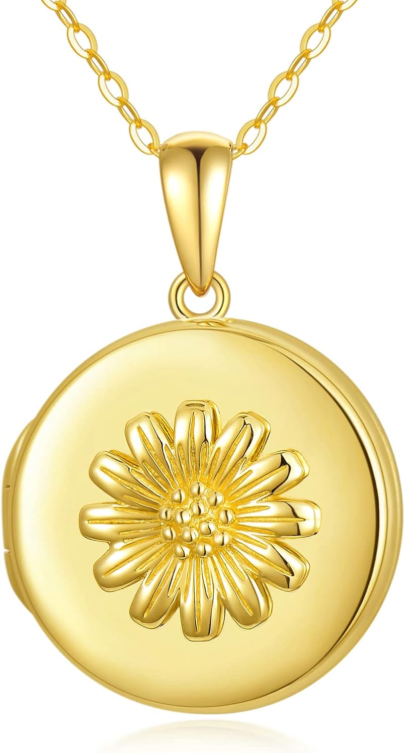 SISGEM 9 ct Gold Photo Necklace, Solid Yellow Gold 3D Daisy Locket Pendant Necklace, for Women Girls Ladies Mum Sisters 46cm