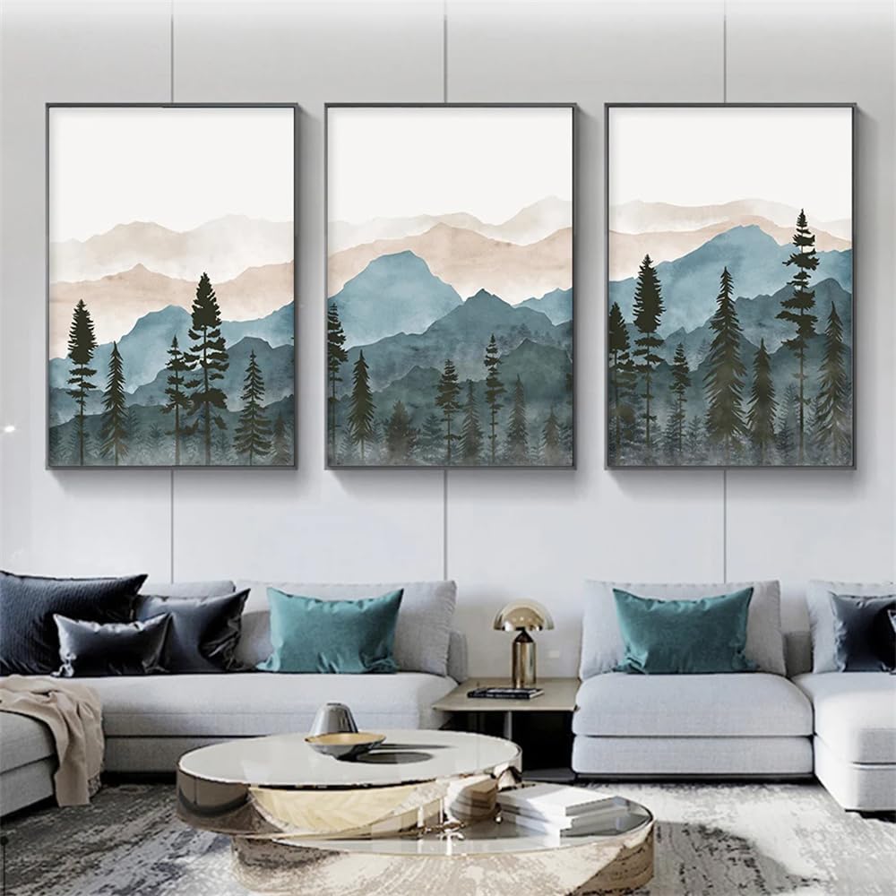WUHBCZ Canvas Paints-Blue Watercolor Abstract Mountain Posters Landscape Wall Art Canvas Painting Pictures for Living Kitchen Room Interior Decoration-60 * 70cm/3PCS (No Frame)