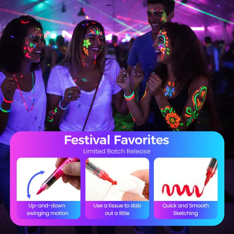 Neon Face Paint Markers, 2026 New Glow in the Dark Body Paint, Washable Temporary Tattoo Pens for Skin Glow Under Black Light Festival Party Supplies (18 Colors)