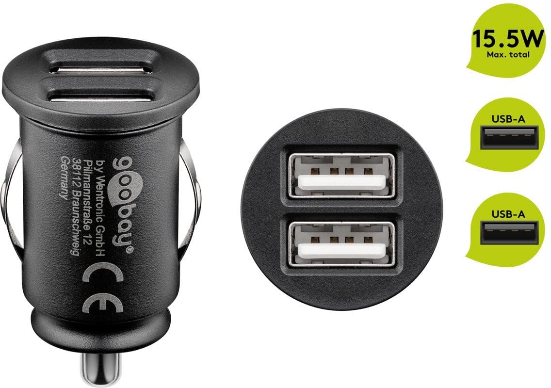 Goobay 58912 Podwójna ładowarka samochodowa USB, 3,1 A, czarna, średnica 25,2 mm, długość 44,4 mm